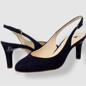 HOGL Elegant Dark Navy Blue Leather Slingback Heels SlingPumps Women’s Pumps